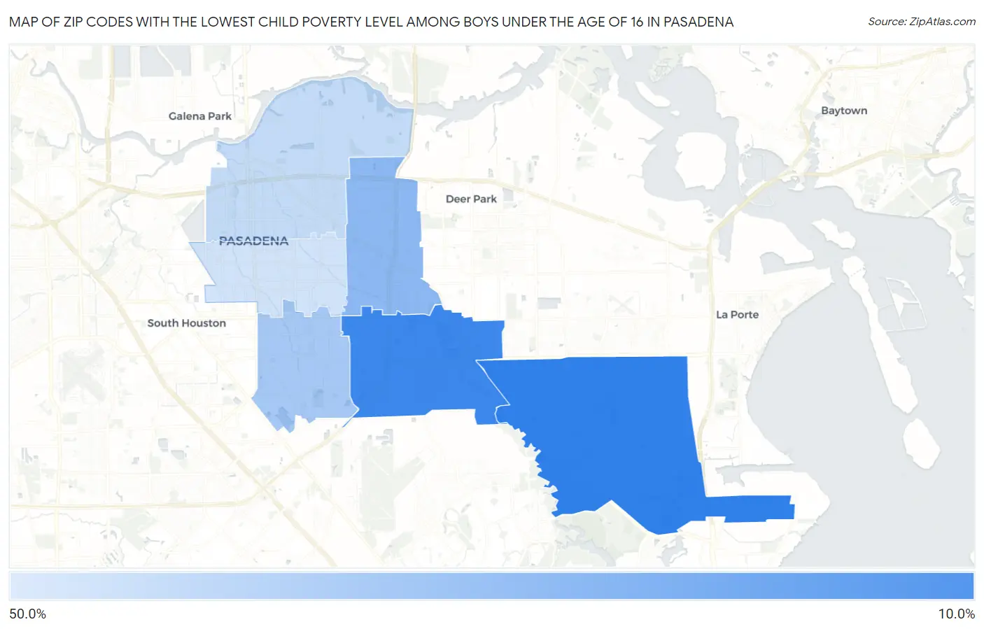 Zip Codes with the Lowest Child Poverty Level Among Boys Under the Age of 16 in Pasadena Map