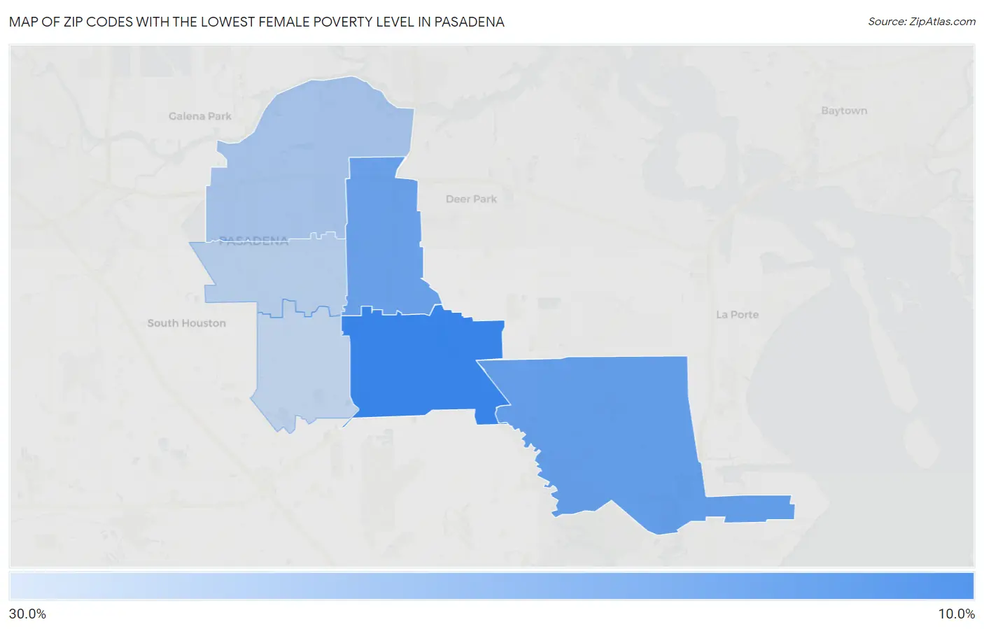 Zip Codes with the Lowest Female Poverty Level in Pasadena Map