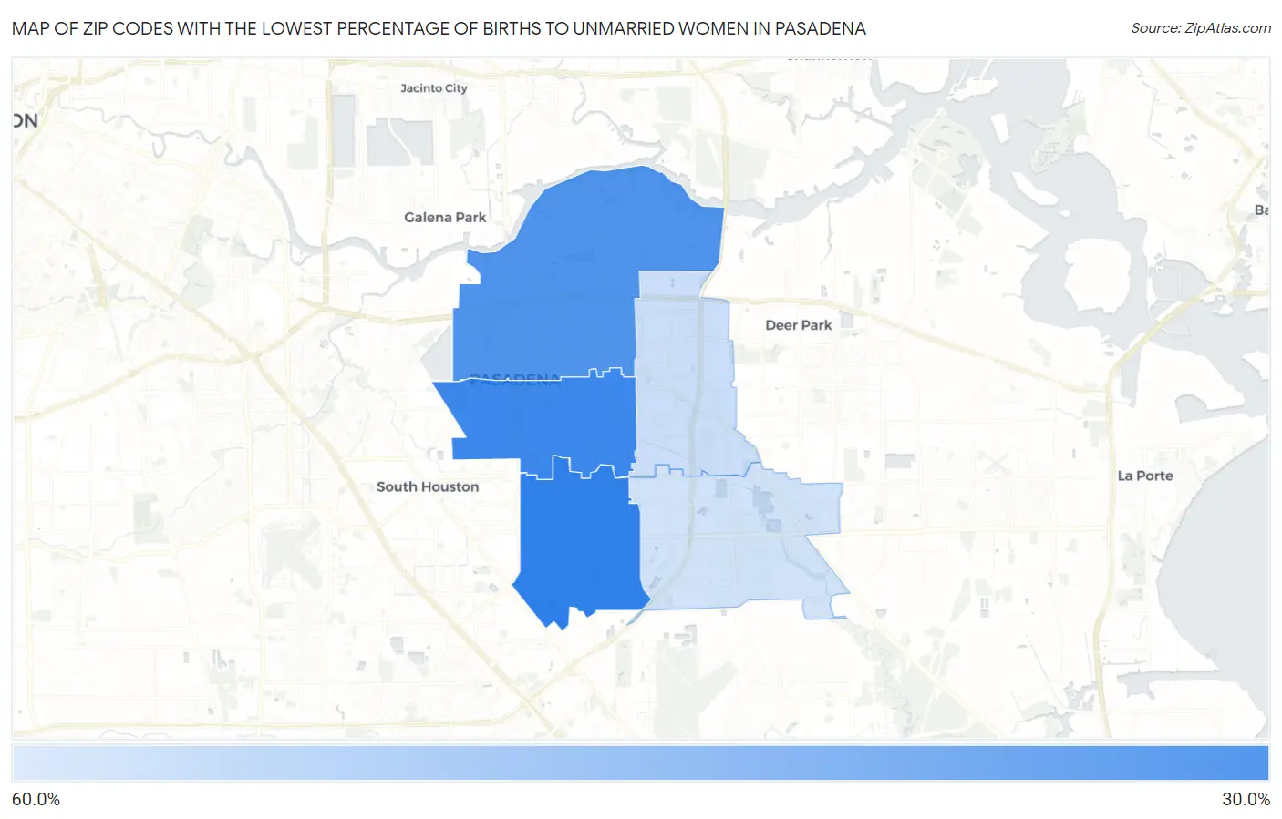 Zip Codes with the Lowest Percentage of Births to Unmarried Women in Pasadena Map