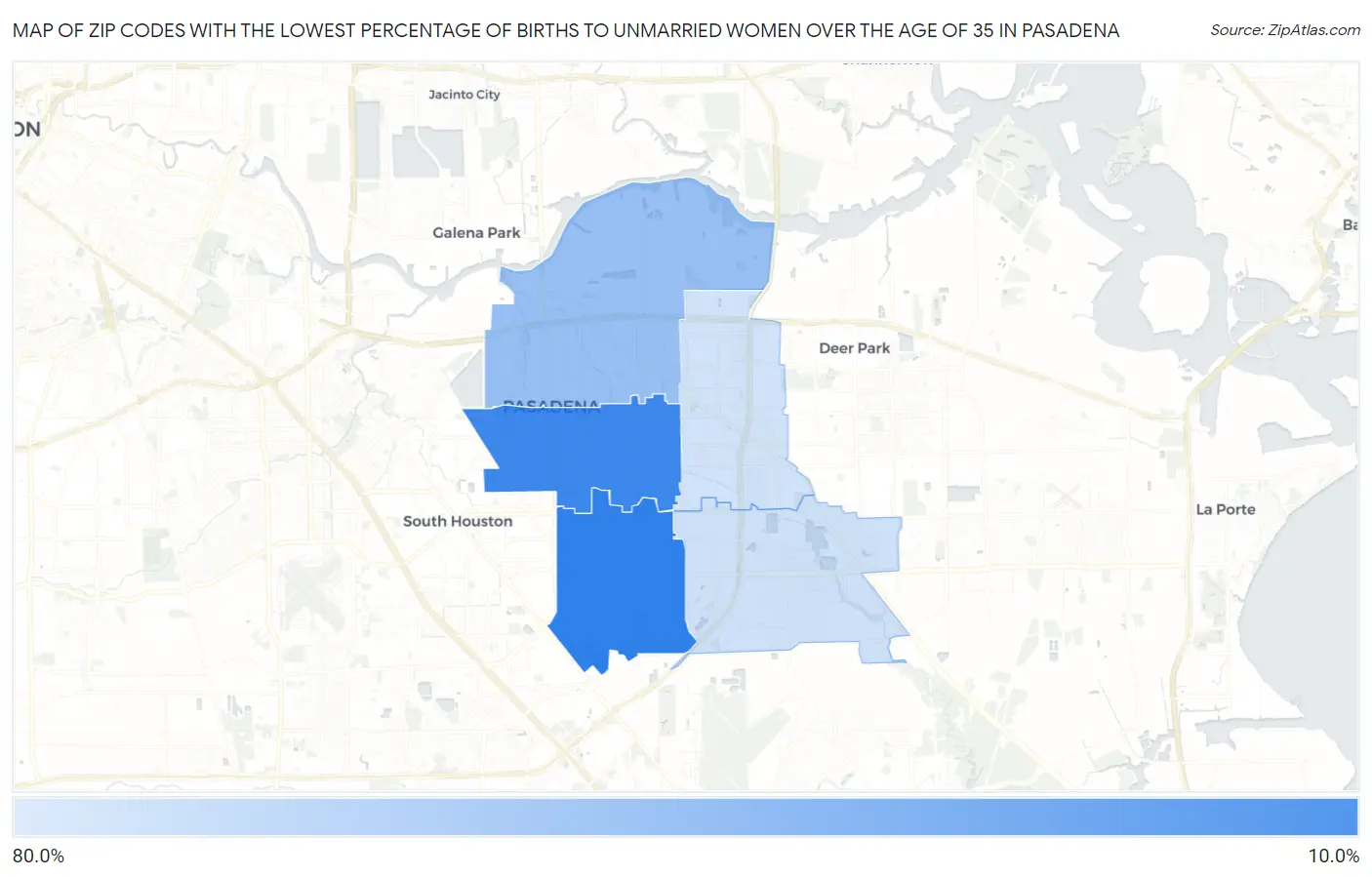 Zip Codes with the Lowest Percentage of Births to Unmarried Women over the Age of 35 in Pasadena Map