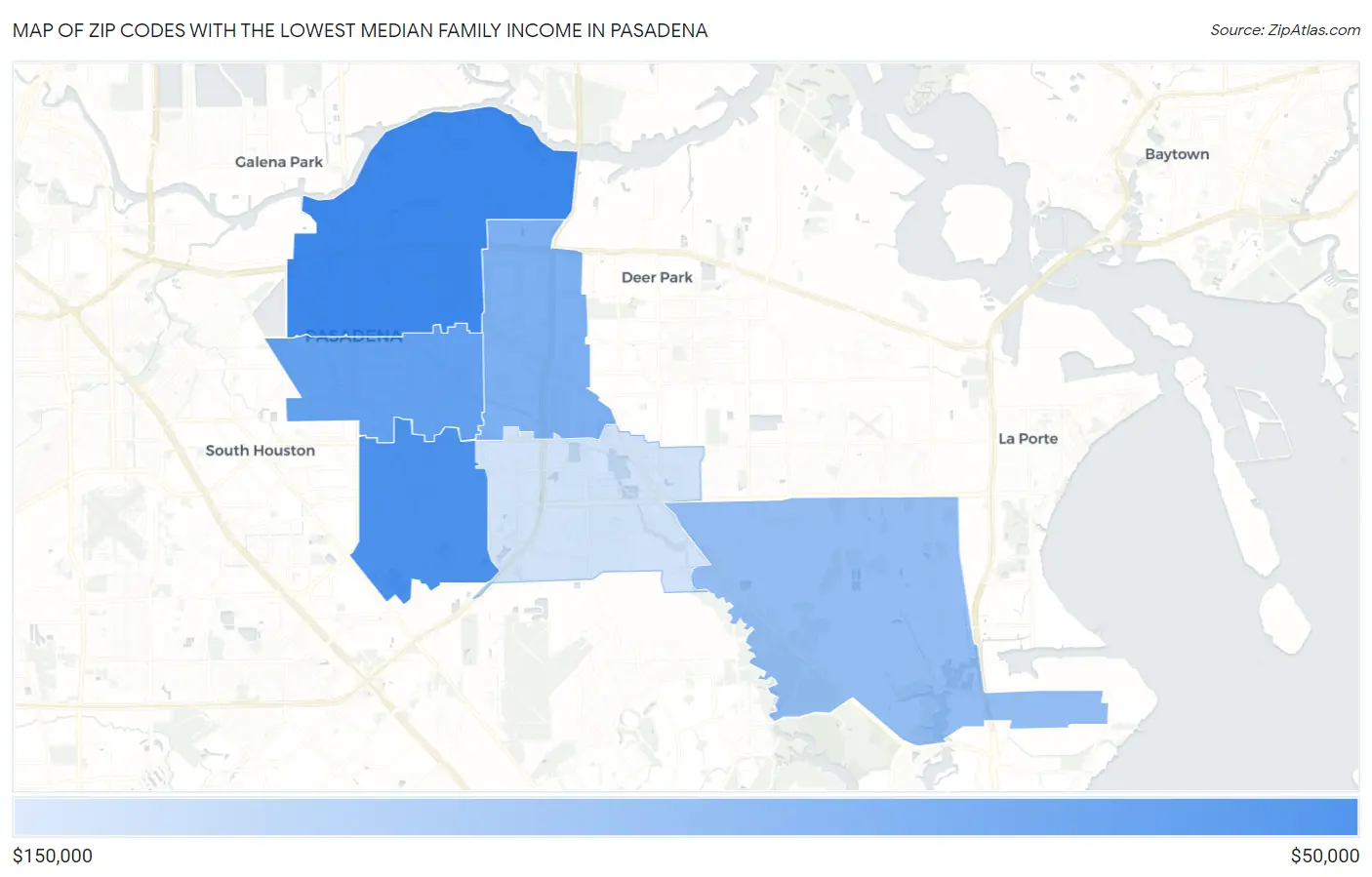 Zip Codes with the Lowest Median Family Income in Pasadena Map