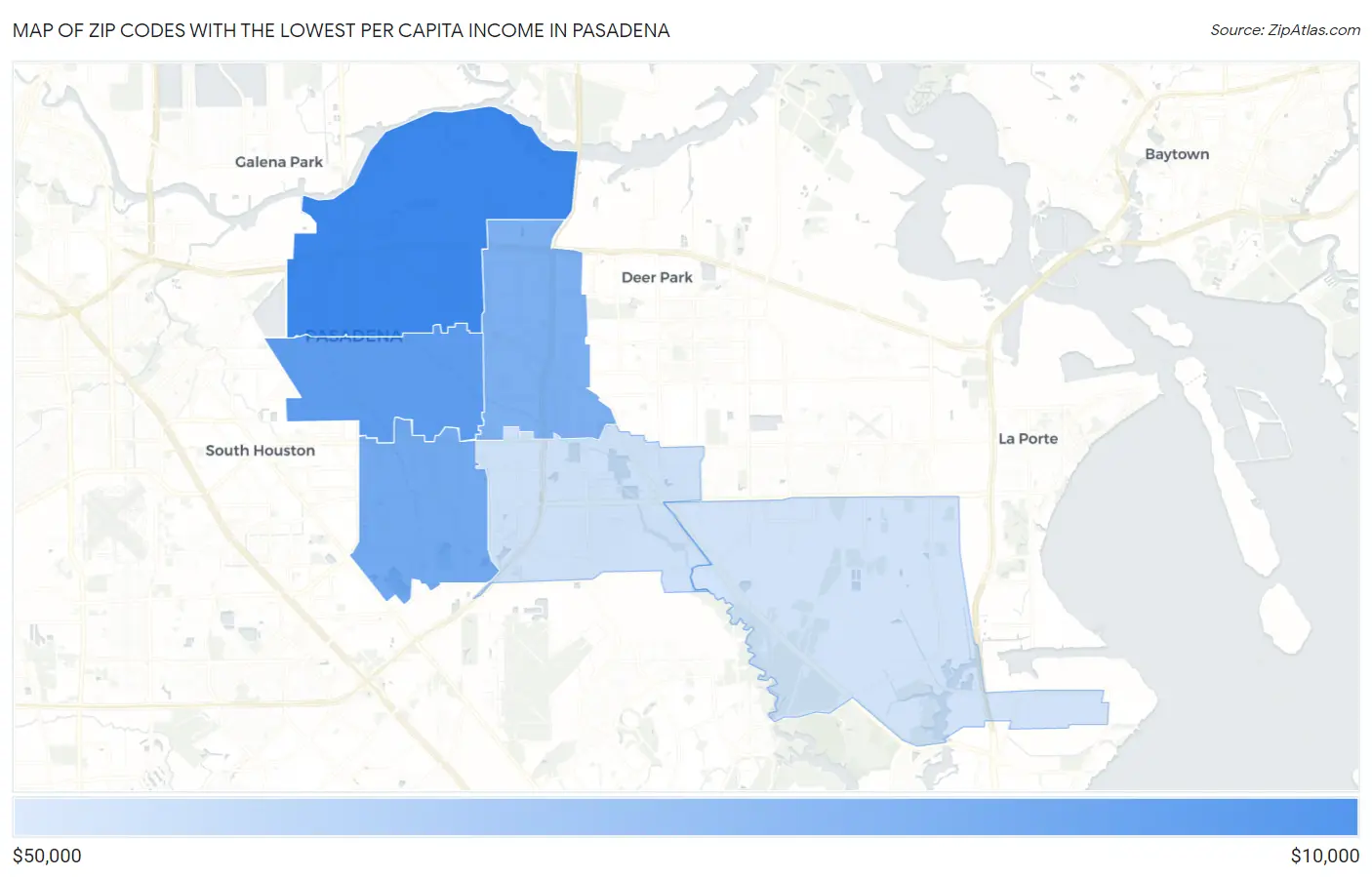 Zip Codes with the Lowest Per Capita Income in Pasadena Map
