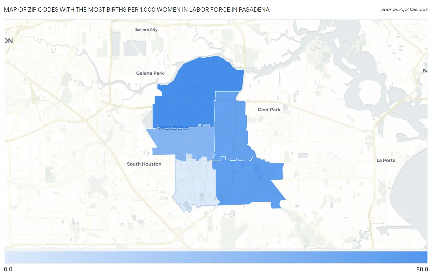 Zip Codes with the Most Births per 1,000 Women in Labor Force in Pasadena Map
