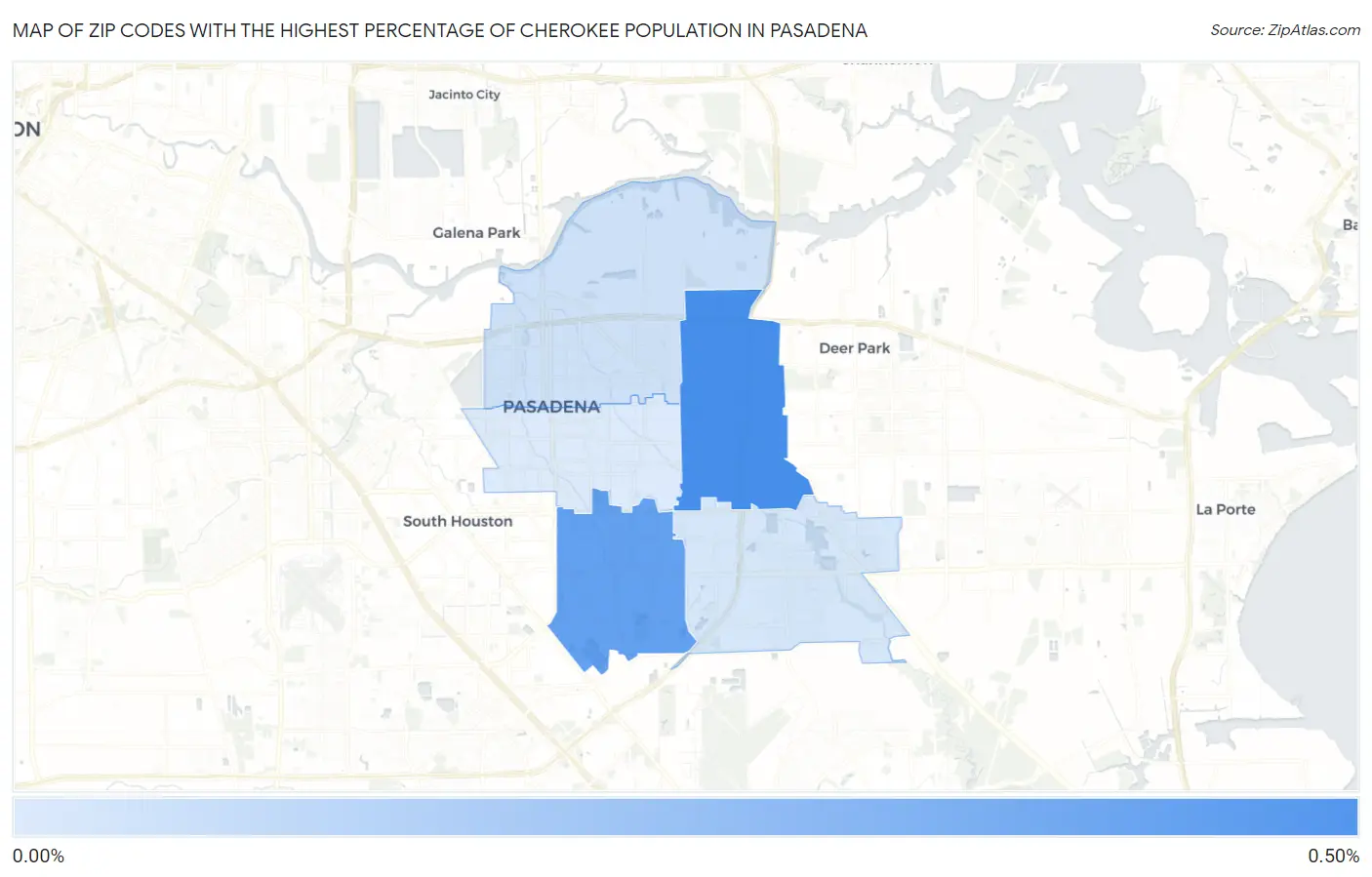 Zip Codes with the Highest Percentage of Cherokee Population in Pasadena Map