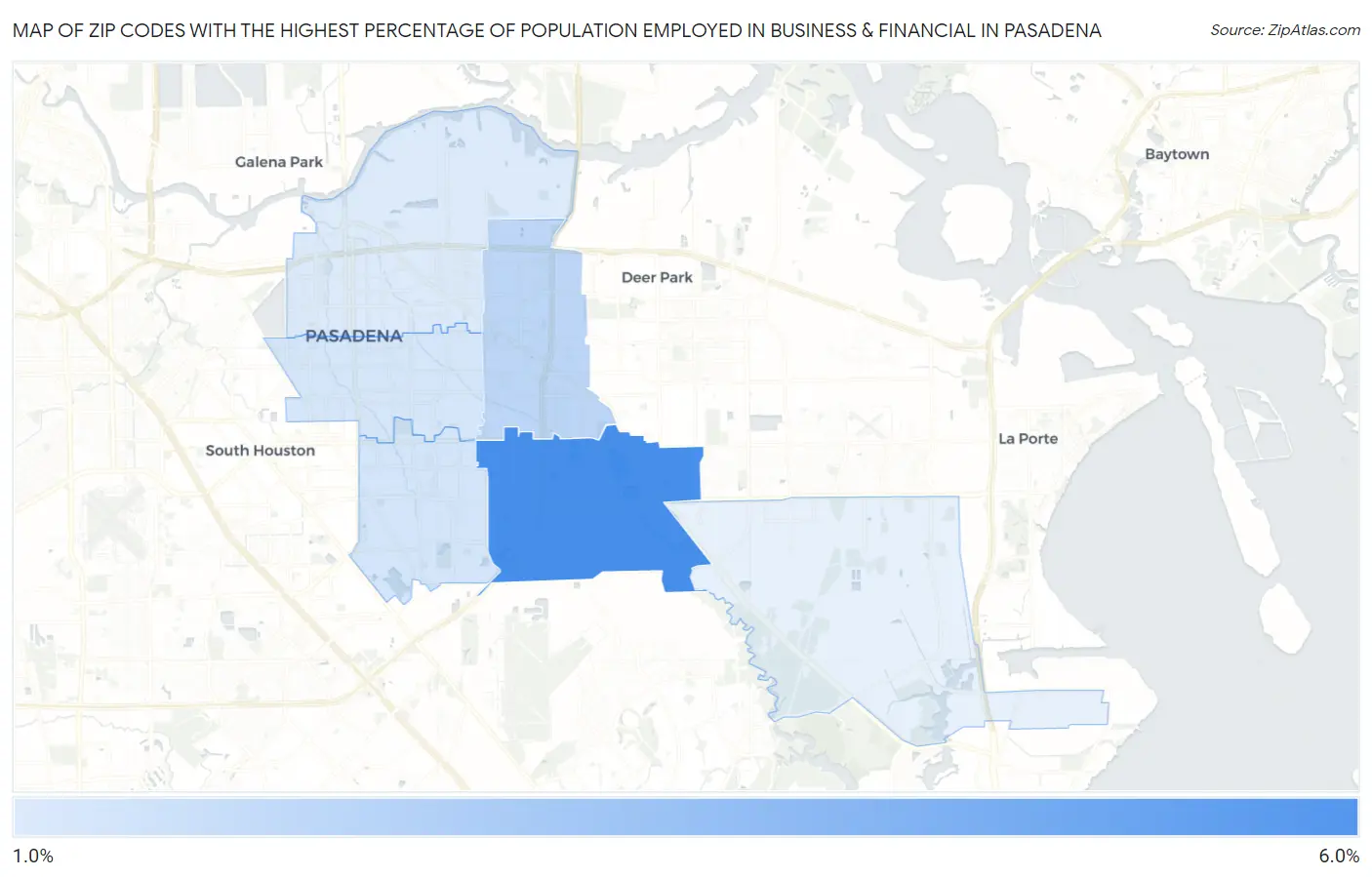 Zip Codes with the Highest Percentage of Population Employed in Business & Financial in Pasadena Map