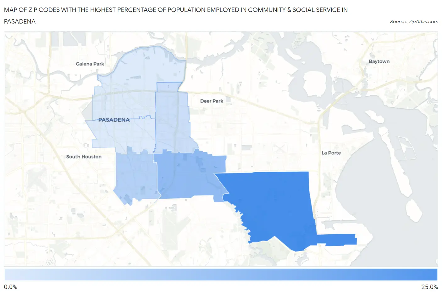 Zip Codes with the Highest Percentage of Population Employed in Community & Social Service  in Pasadena Map