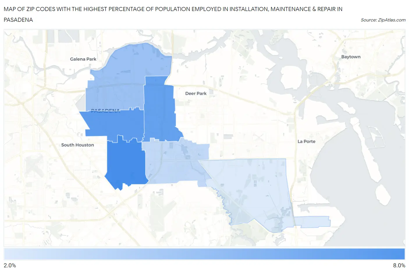 Zip Codes with the Highest Percentage of Population Employed in Installation, Maintenance & Repair in Pasadena Map