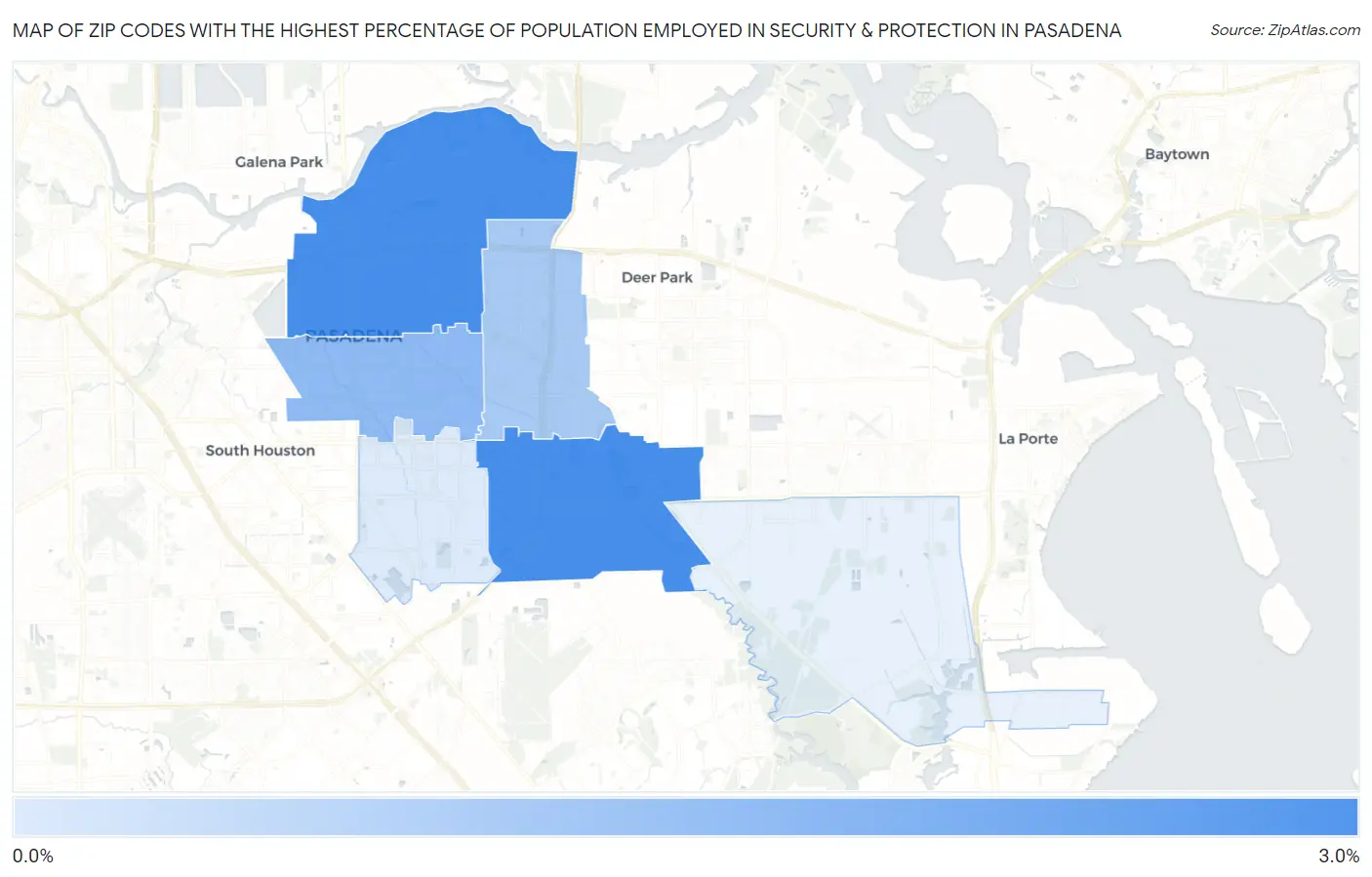 Zip Codes with the Highest Percentage of Population Employed in Security & Protection in Pasadena Map