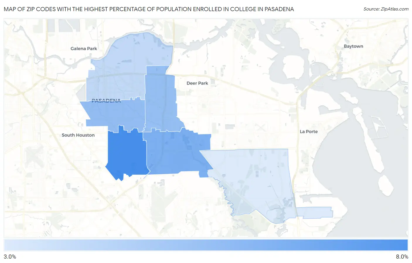 Zip Codes with the Highest Percentage of Population Enrolled in College in Pasadena Map
