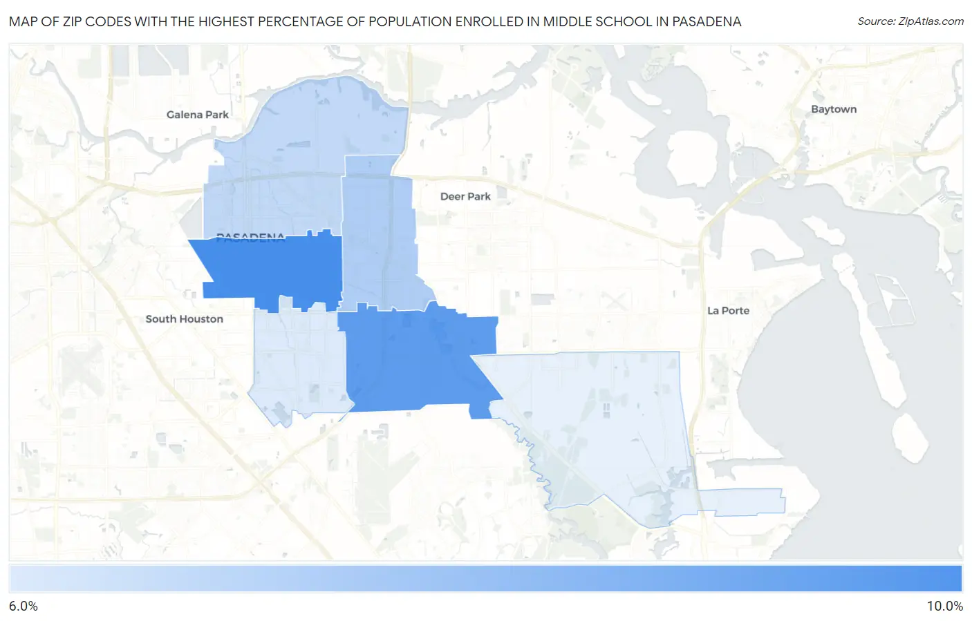 Zip Codes with the Highest Percentage of Population Enrolled in Middle School in Pasadena Map