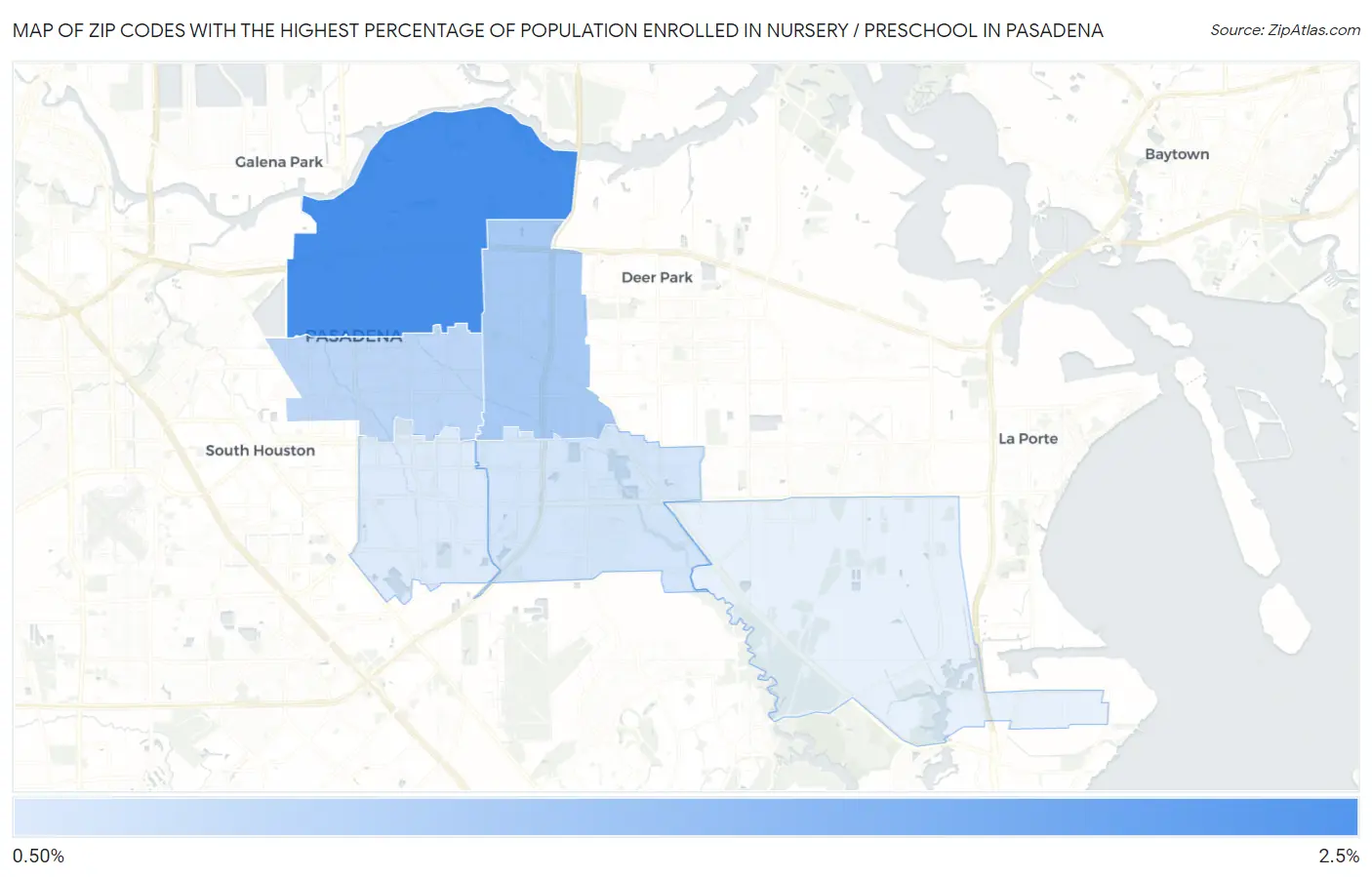 Zip Codes with the Highest Percentage of Population Enrolled in Nursery / Preschool in Pasadena Map