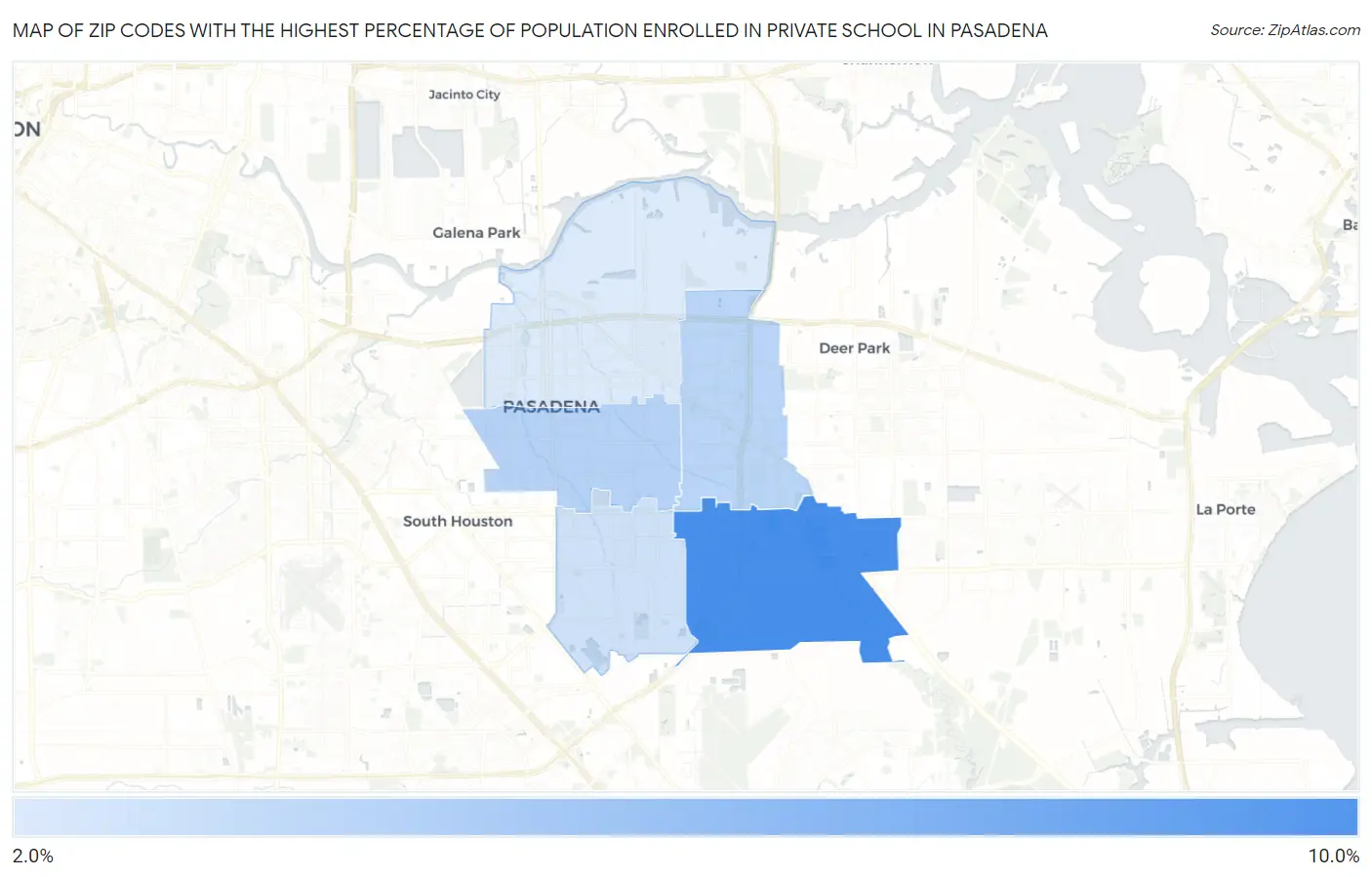 Zip Codes with the Highest Percentage of Population Enrolled in Private School in Pasadena Map