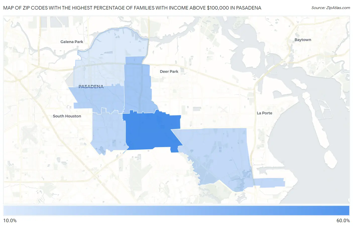 Zip Codes with the Highest Percentage of Families with Income Above $100,000 in Pasadena Map