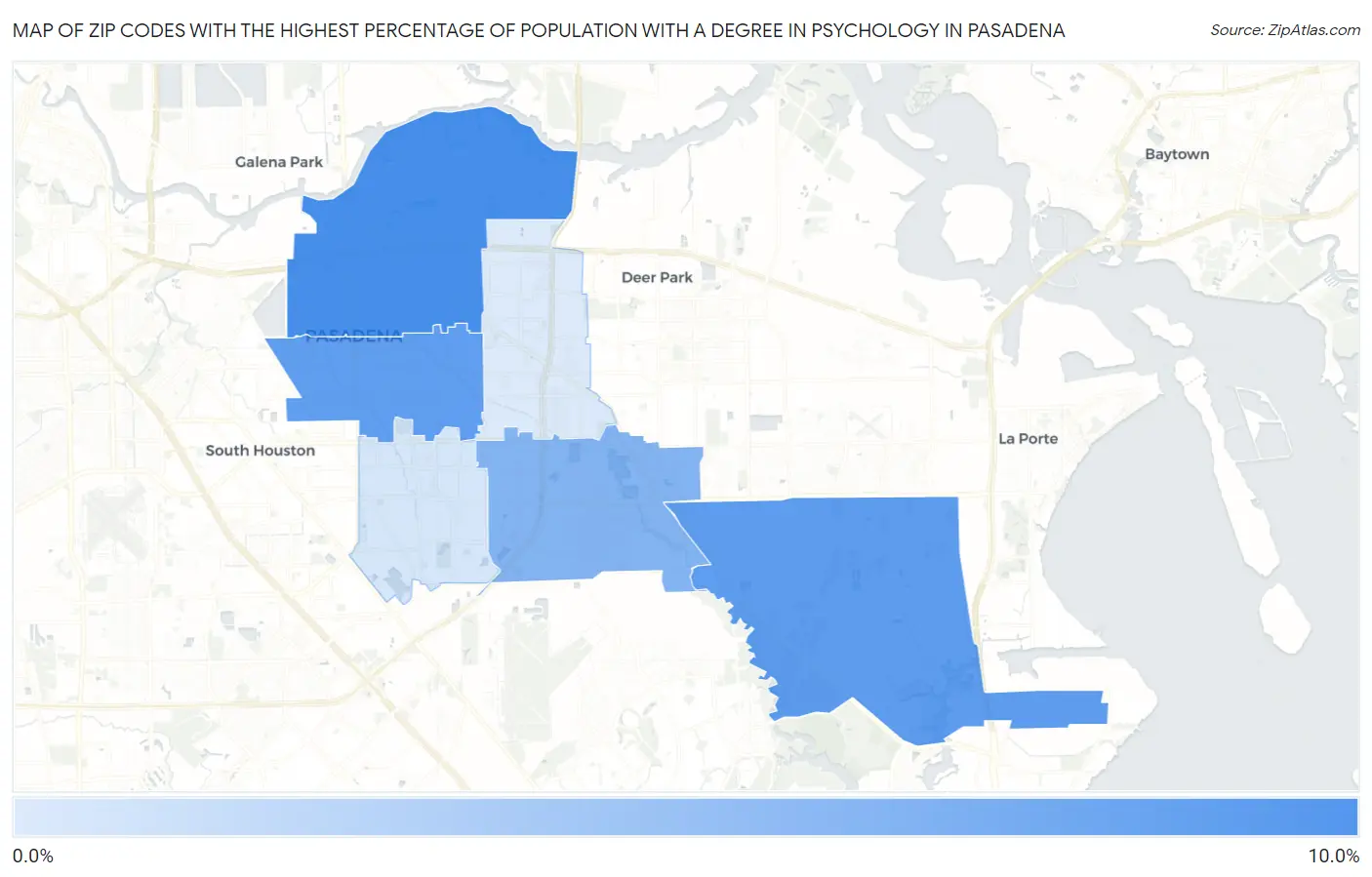 Zip Codes with the Highest Percentage of Population with a Degree in Psychology in Pasadena Map