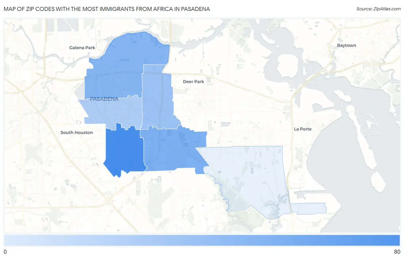 Zip Codes with the Most Immigrants from Africa in Pasadena Map