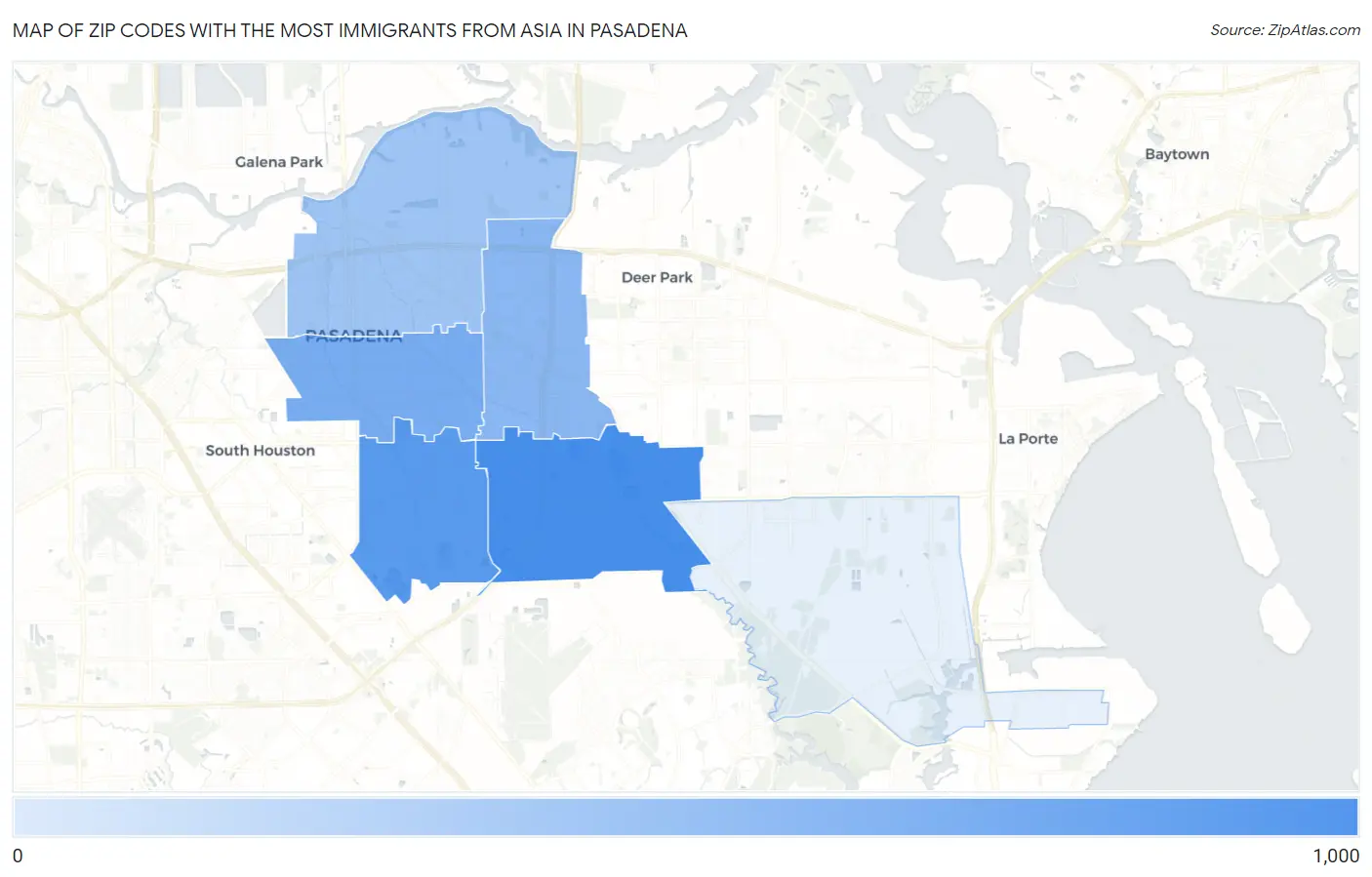 Zip Codes with the Most Immigrants from Asia in Pasadena Map