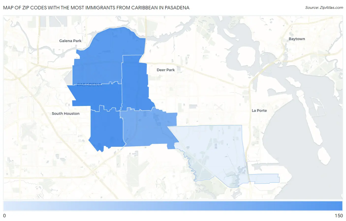 Zip Codes with the Most Immigrants from Caribbean in Pasadena Map