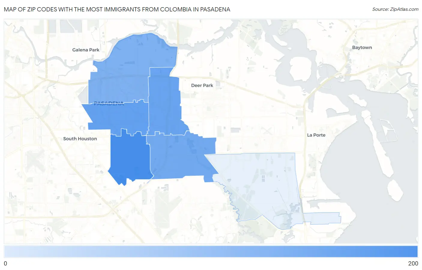 Zip Codes with the Most Immigrants from Colombia in Pasadena Map