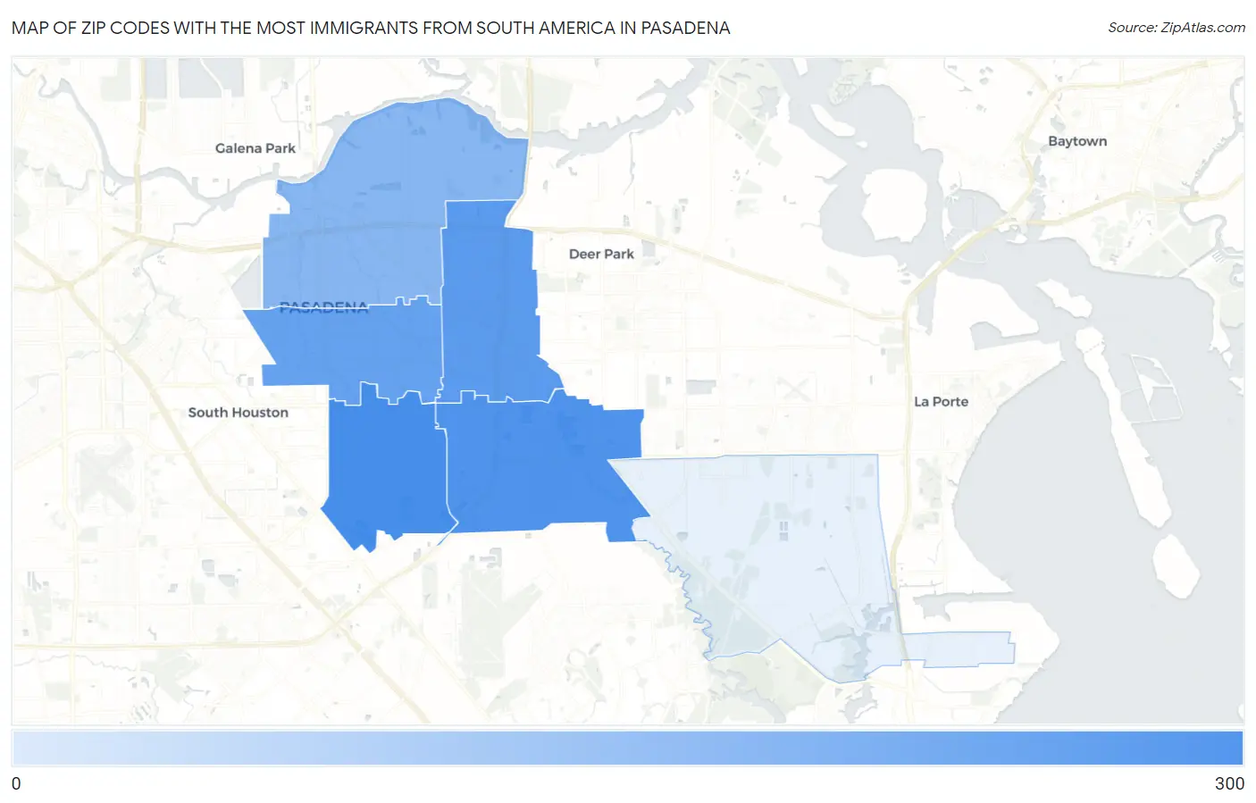 Zip Codes with the Most Immigrants from South America in Pasadena Map