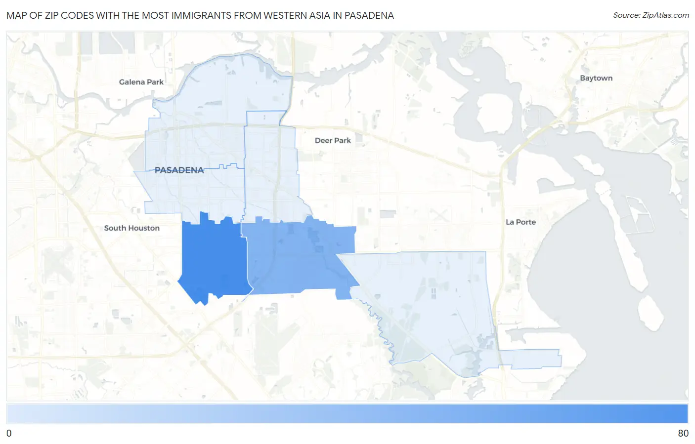Zip Codes with the Most Immigrants from Western Asia in Pasadena Map