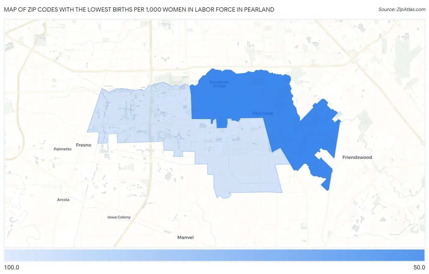 Zip Codes with the Lowest Births per 1,000 Women in Labor Force in Pearland Map