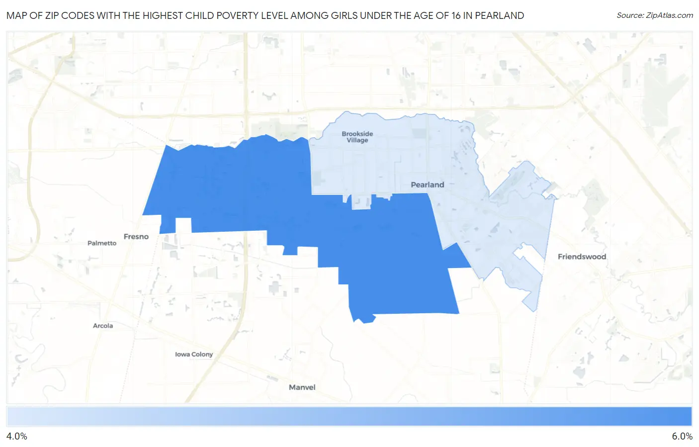 Zip Codes with the Highest Child Poverty Level Among Girls Under the Age of 16 in Pearland Map