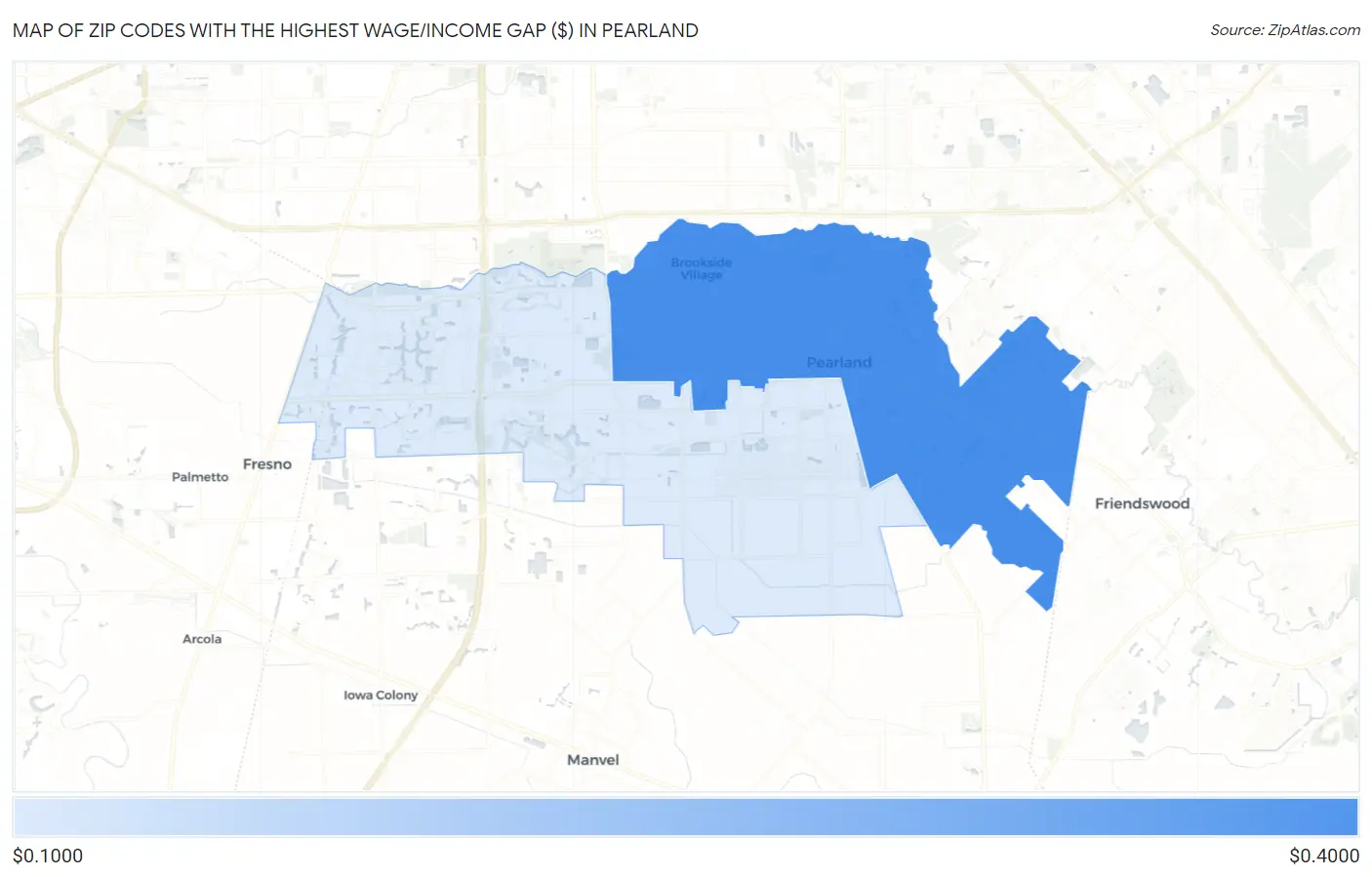 Zip Codes with the Highest Wage/Income Gap ($) in Pearland Map