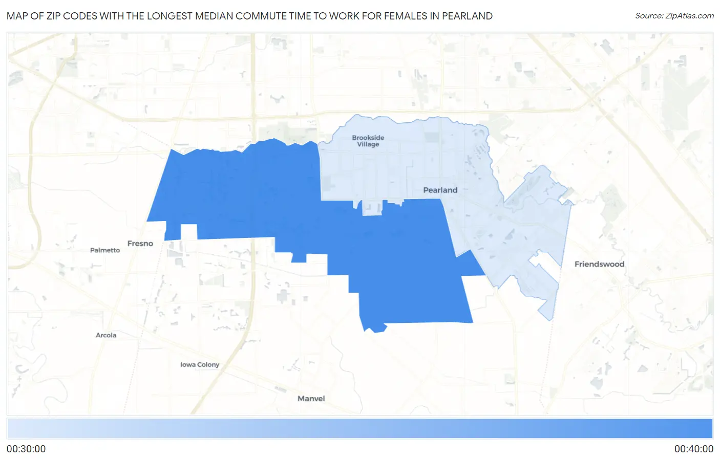 Zip Codes with the Longest Median Commute Time to Work for Females in Pearland Map