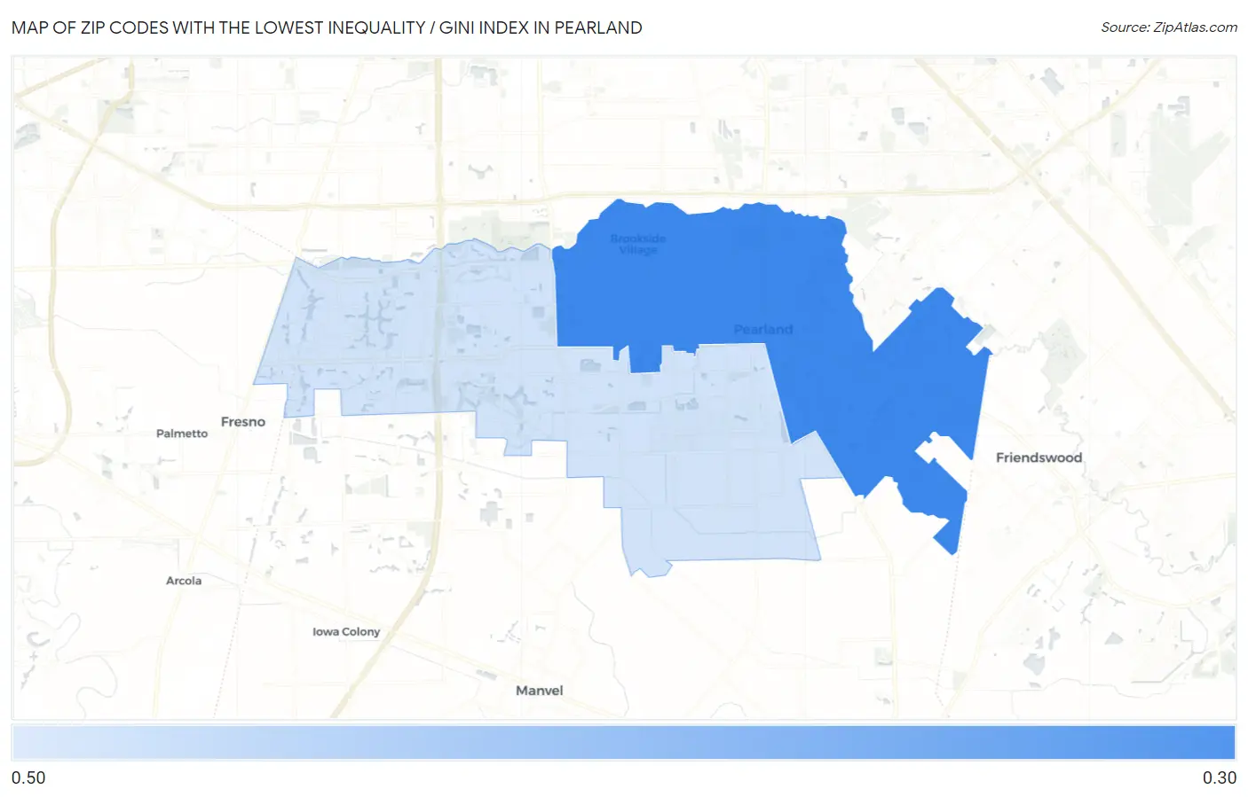 Zip Codes with the Lowest Inequality / Gini Index in Pearland Map