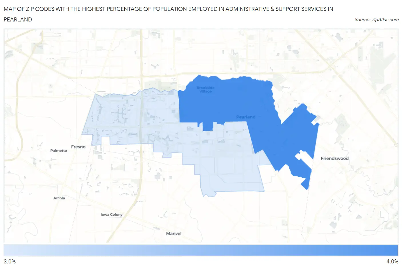 Zip Codes with the Highest Percentage of Population Employed in Administrative & Support Services in Pearland Map