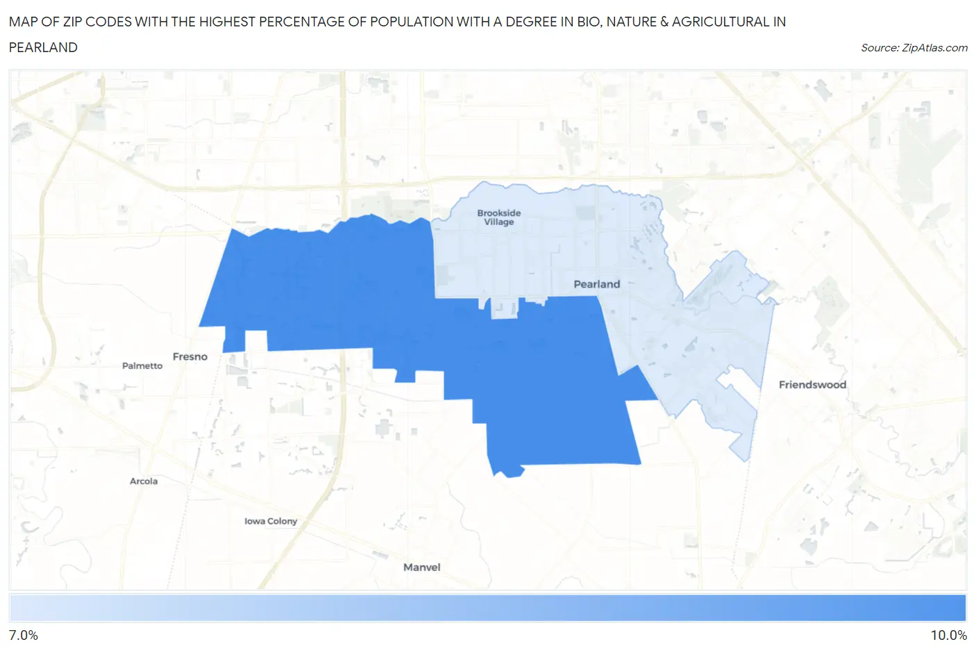 Zip Codes with the Highest Percentage of Population with a Degree in Bio, Nature & Agricultural in Pearland Map