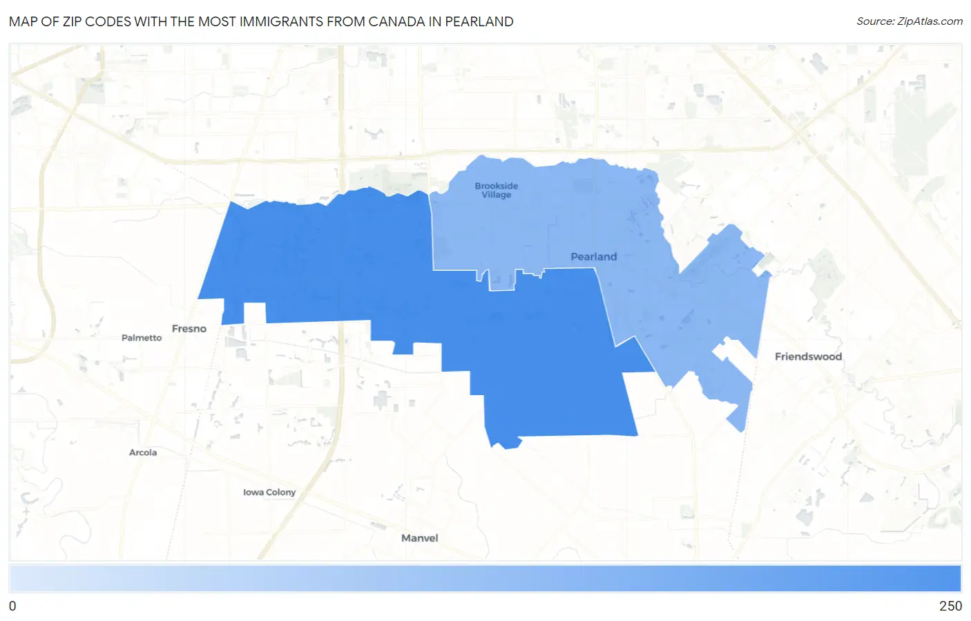 Zip Codes with the Most Immigrants from Canada in Pearland Map