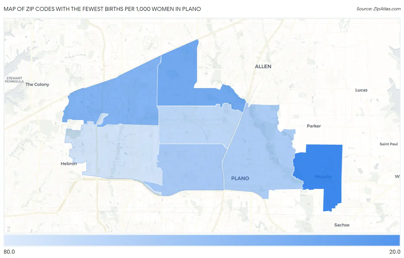 Zip Codes with the Fewest Births per 1,000 Women in Plano Map