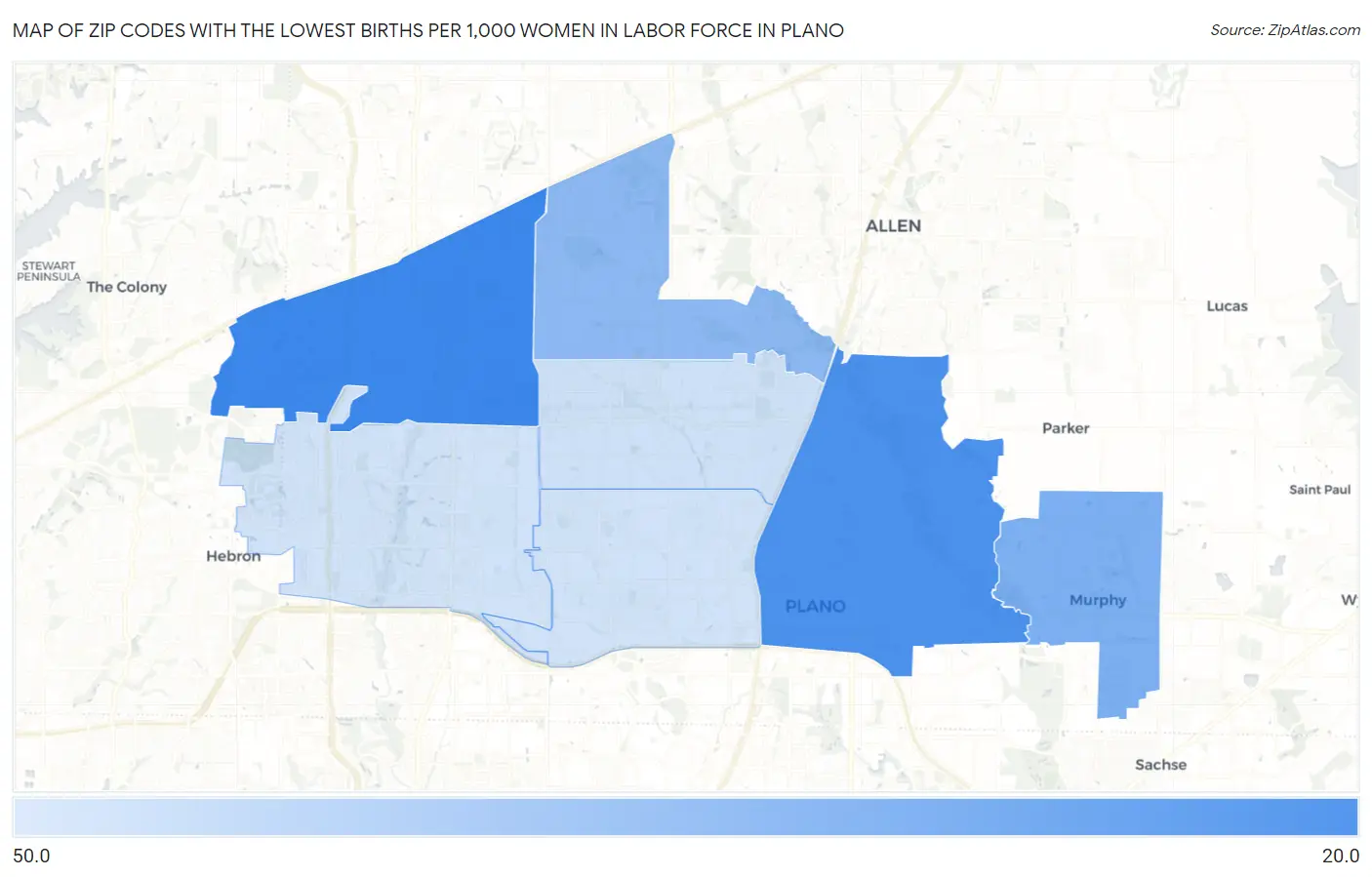 Zip Codes with the Lowest Births per 1,000 Women in Labor Force in Plano Map
