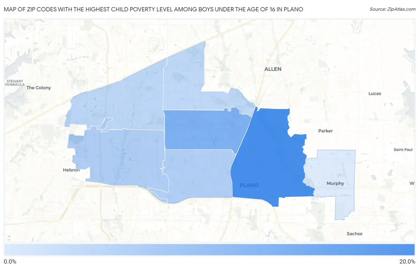Zip Codes with the Highest Child Poverty Level Among Boys Under the Age of 16 in Plano Map