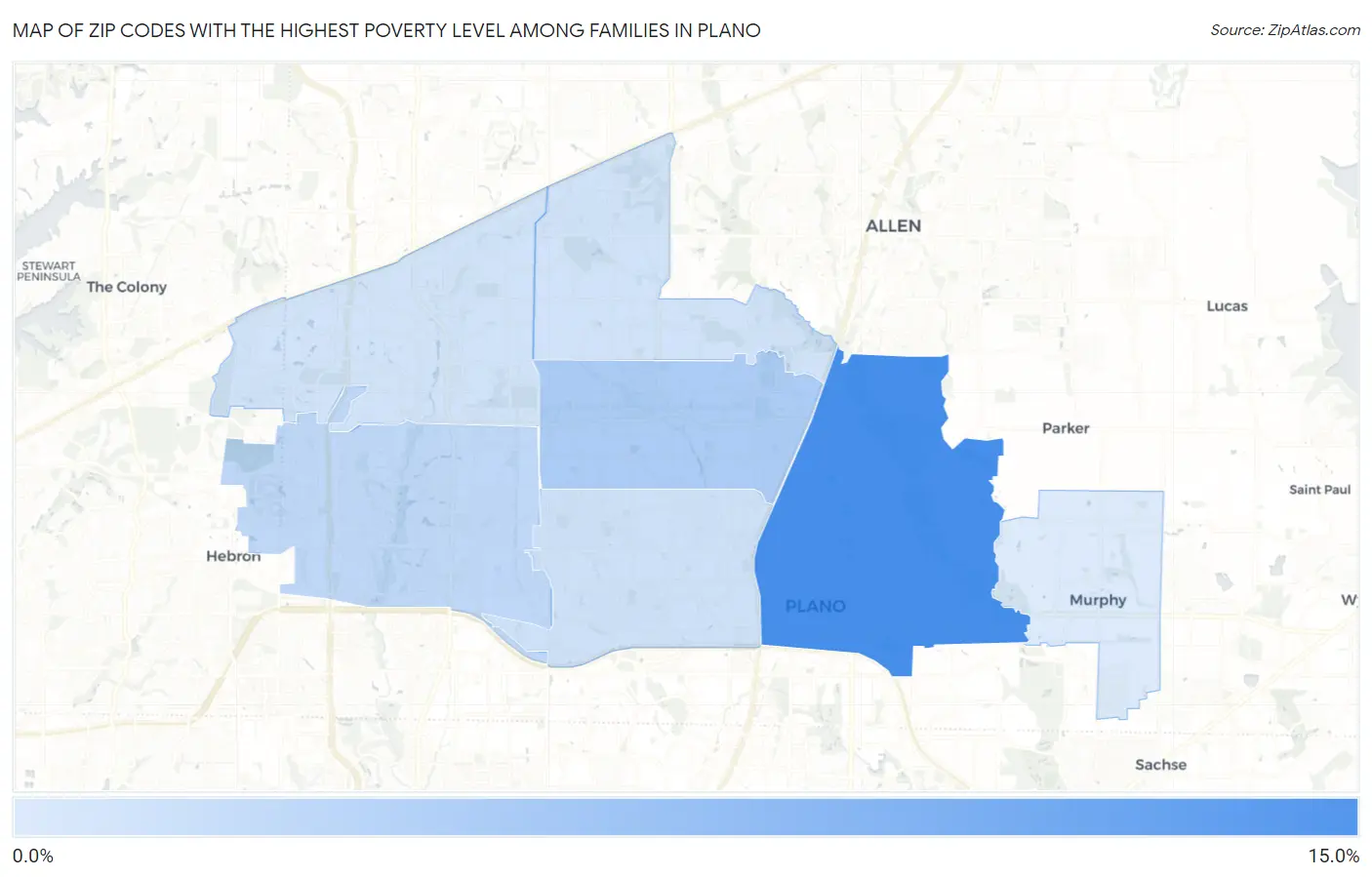 Zip Codes with the Highest Poverty Level Among Families in Plano Map