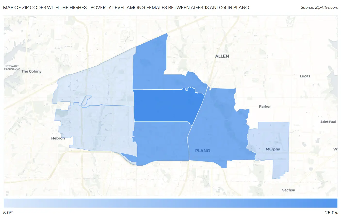 Zip Codes with the Highest Poverty Level Among Females Between Ages 18 and 24 in Plano Map