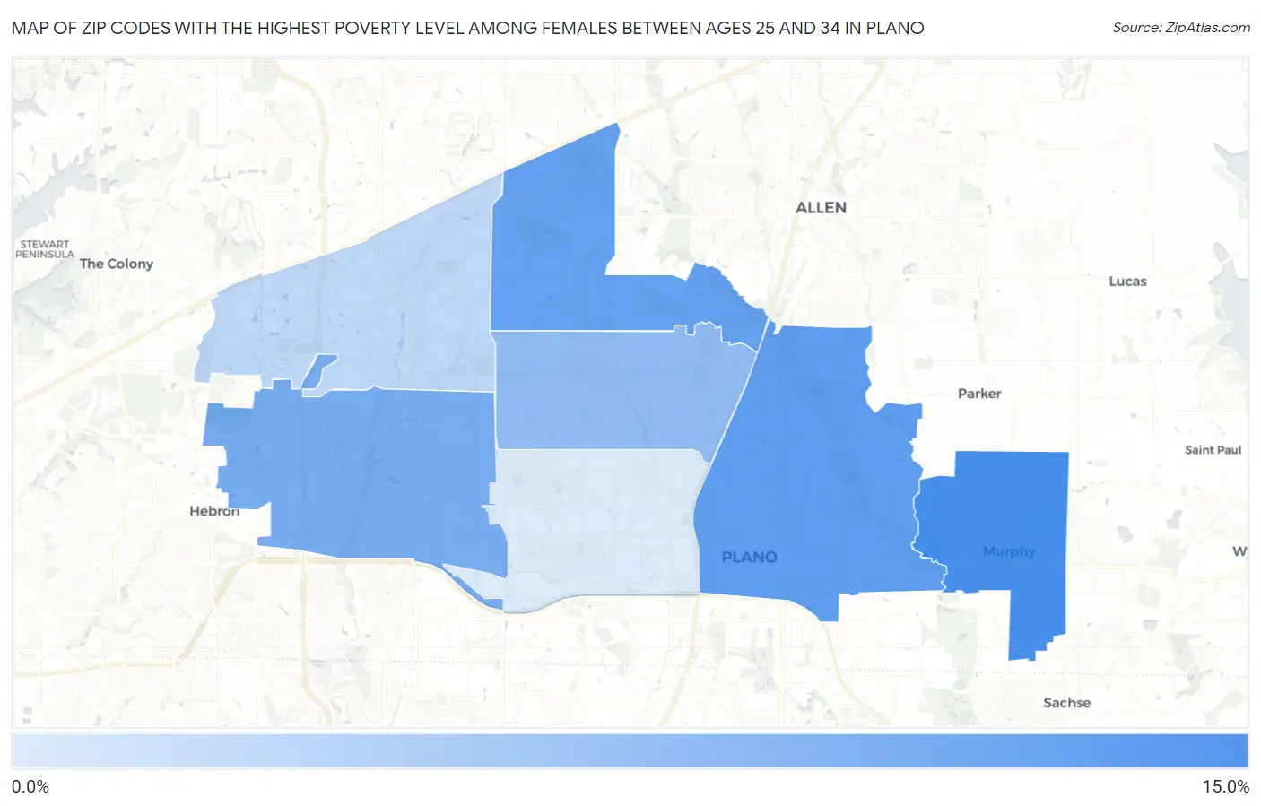 Zip Codes with the Highest Poverty Level Among Females Between Ages 25 and 34 in Plano Map