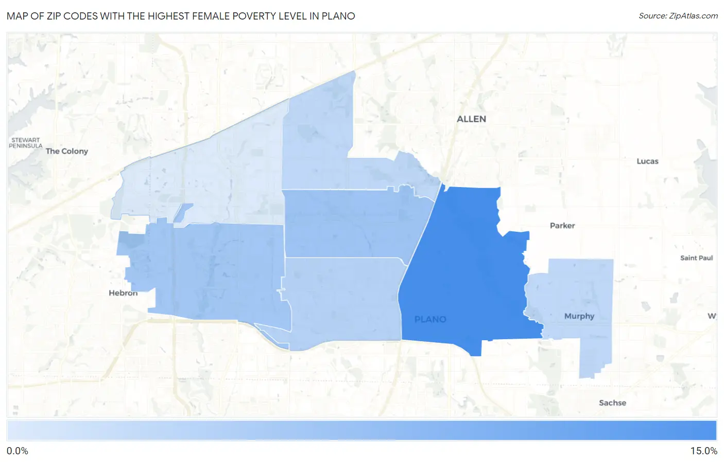 Zip Codes with the Highest Female Poverty Level in Plano Map
