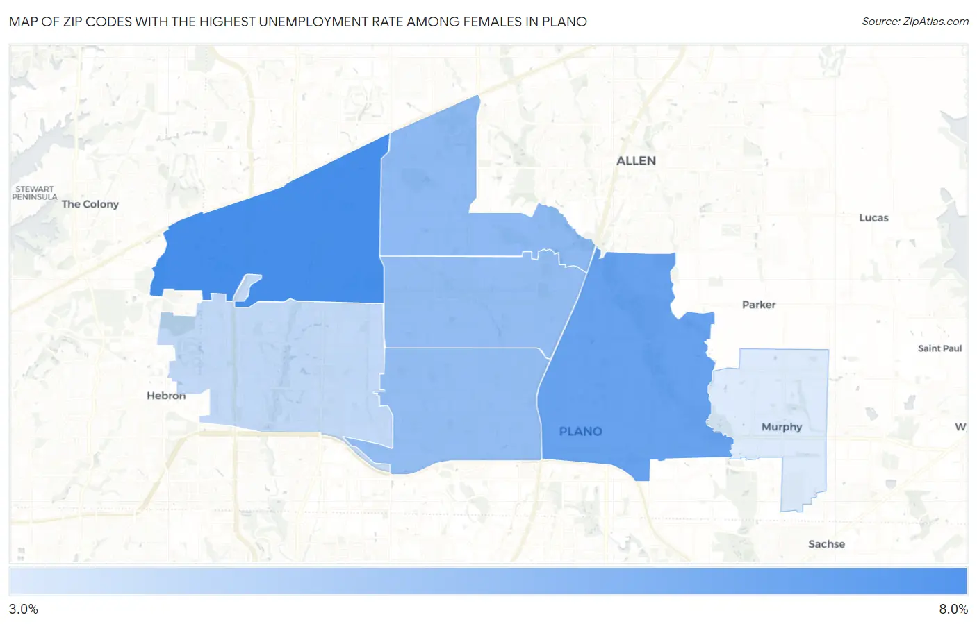 Zip Codes with the Highest Unemployment Rate Among Females in Plano Map