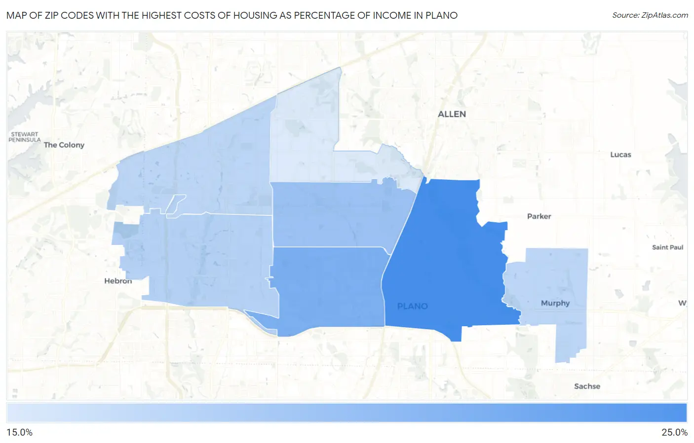 Zip Codes with the Highest Costs of Housing as Percentage of Income in Plano Map