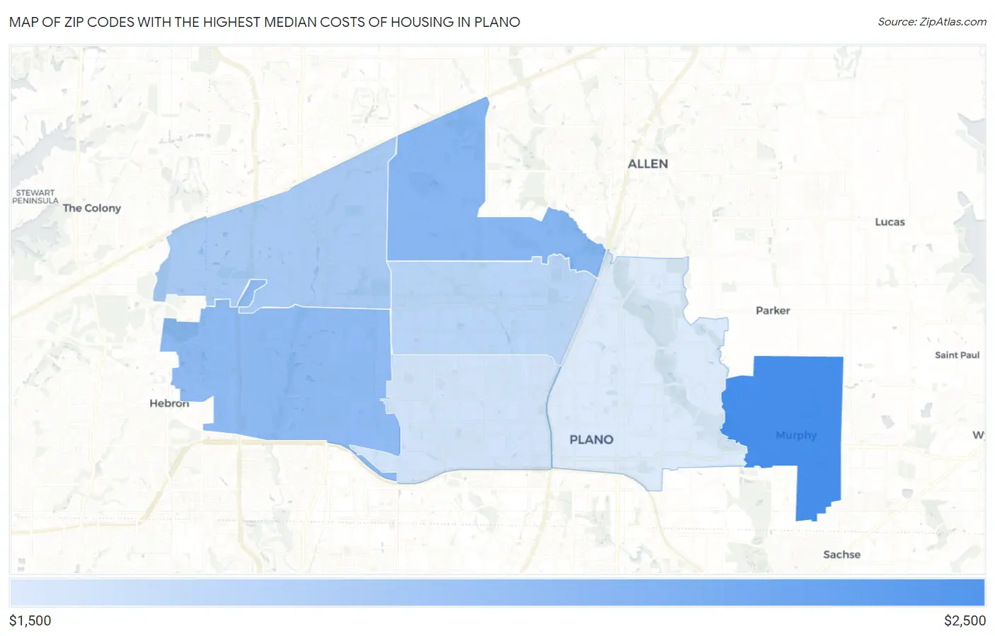 Zip Codes with the Highest Median Costs of Housing in Plano Map