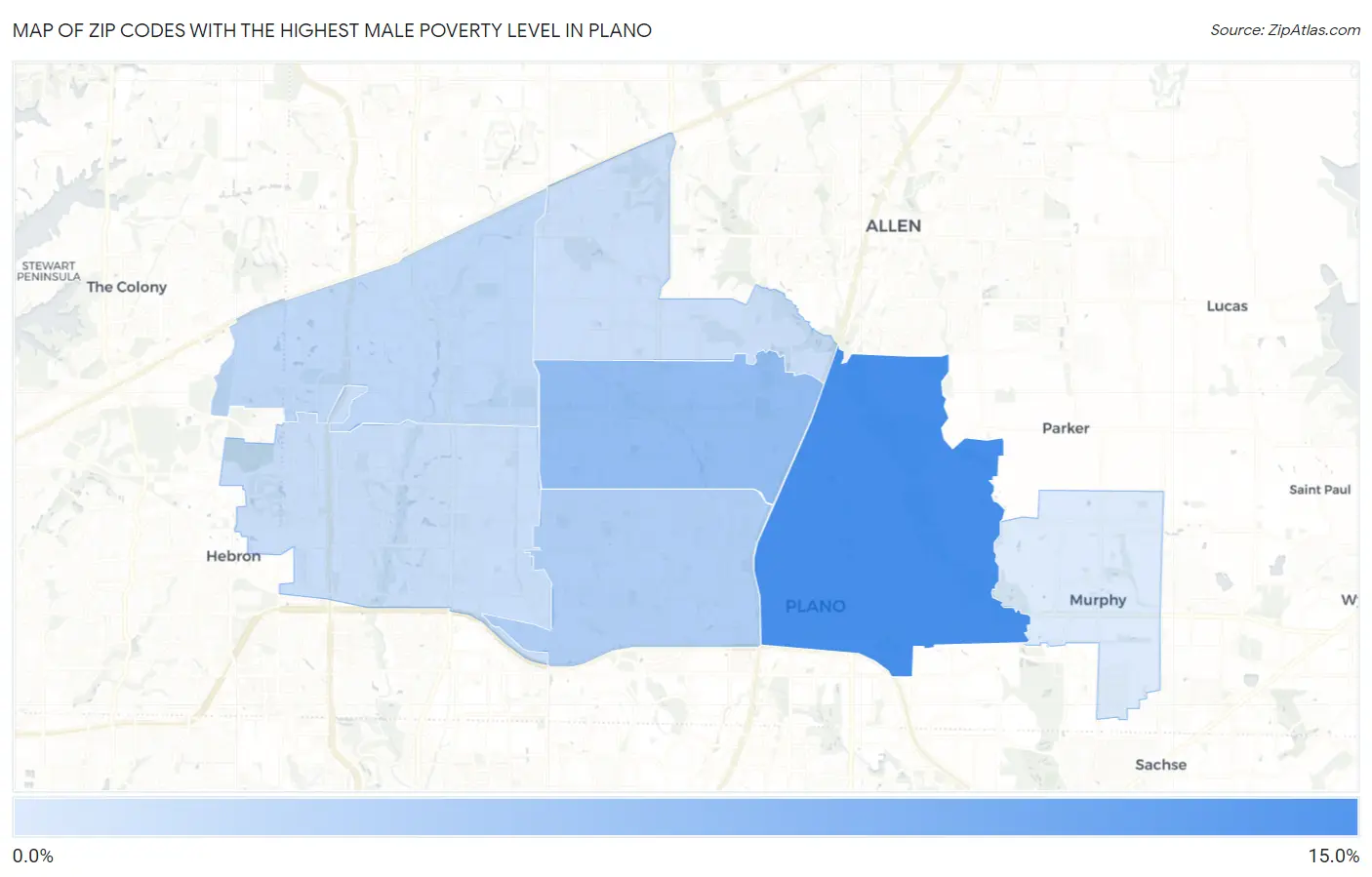 Zip Codes with the Highest Male Poverty Level in Plano Map