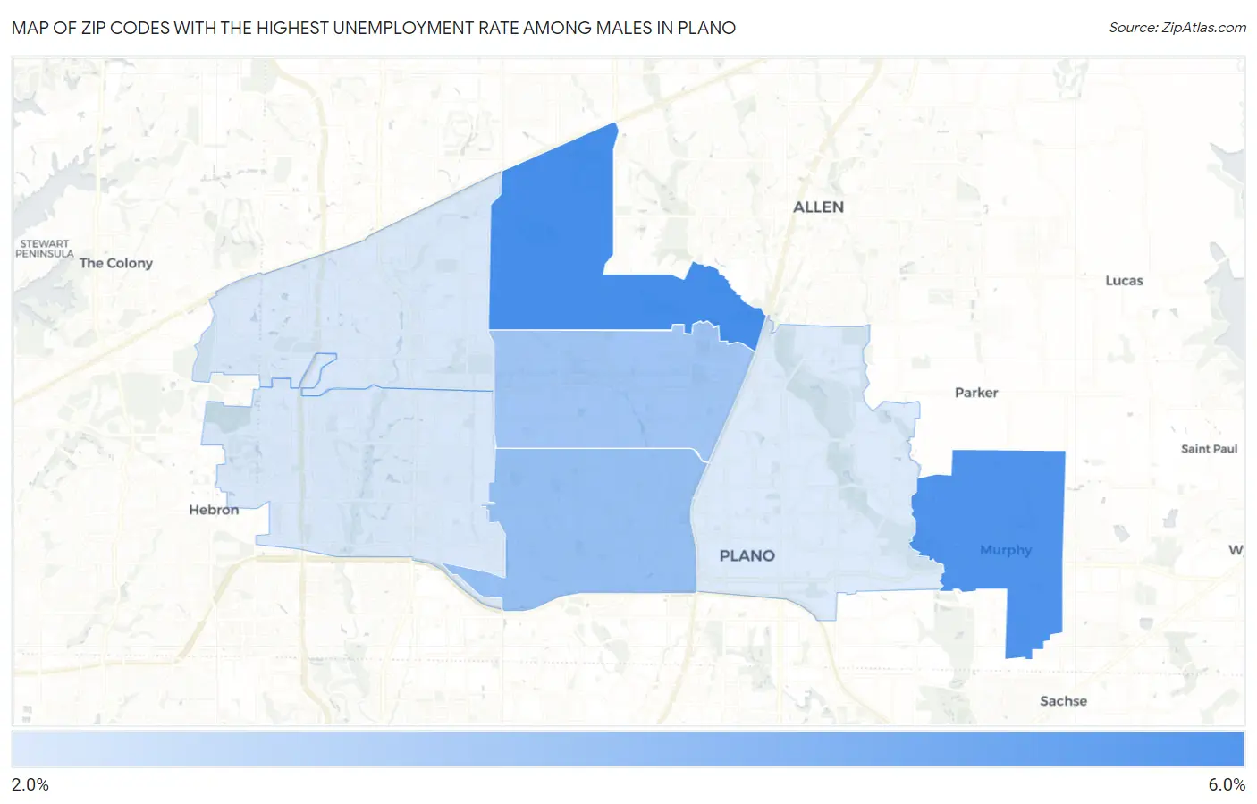 Zip Codes with the Highest Unemployment Rate Among Males in Plano Map