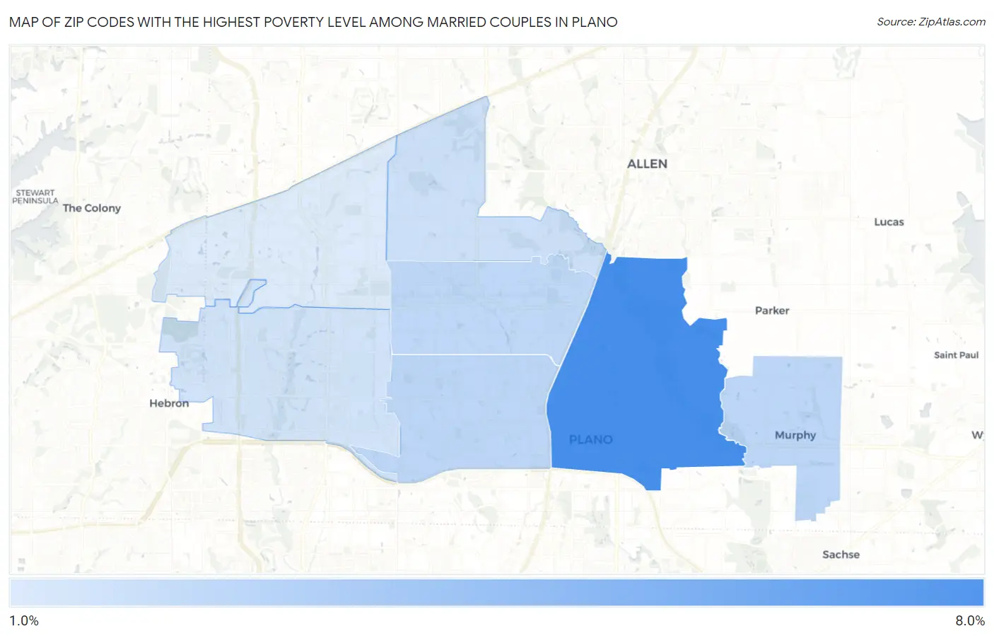 Zip Codes with the Highest Poverty Level Among Married Couples in Plano Map