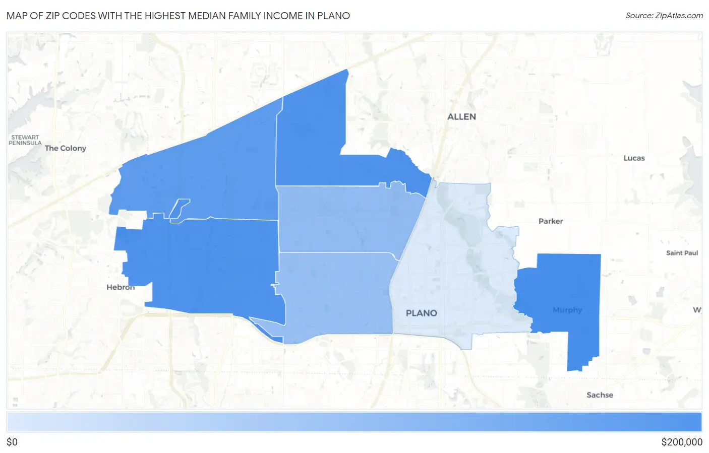 Zip Codes with the Highest Median Family Income in Plano Map