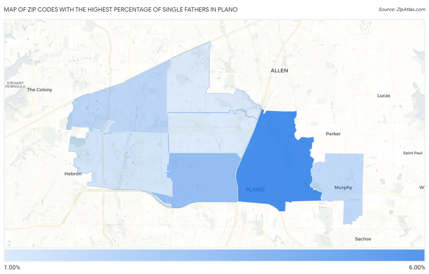Zip Codes with the Highest Percentage of Single Fathers in Plano Map
