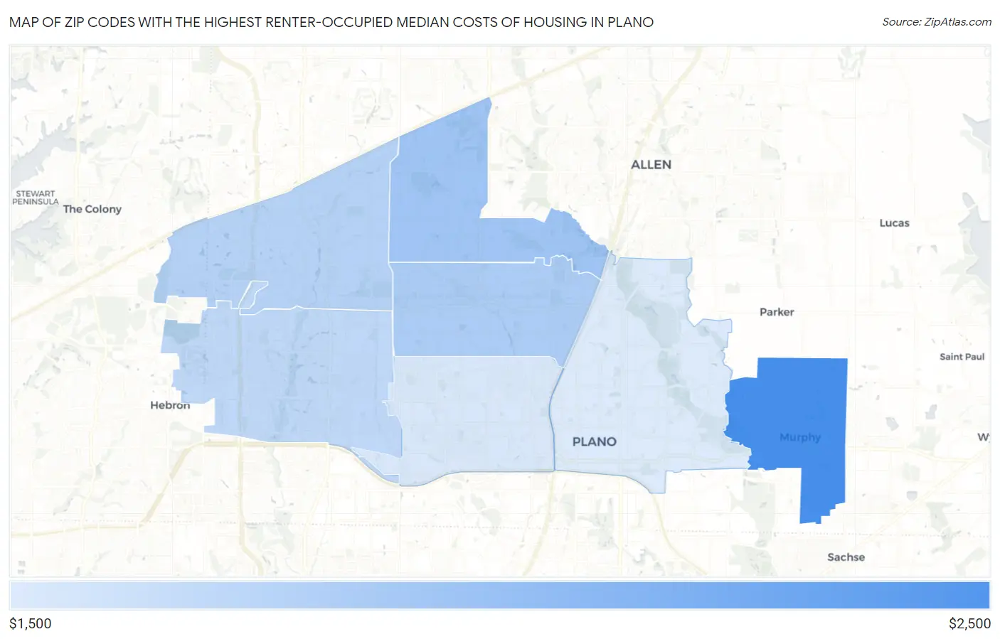 Zip Codes with the Highest Renter-Occupied Median Costs of Housing in Plano Map