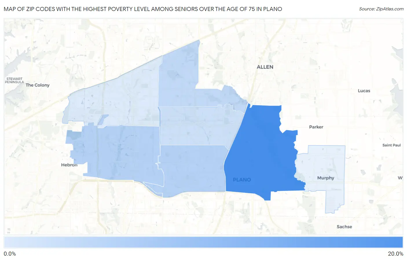 Zip Codes with the Highest Poverty Level Among Seniors Over the Age of 75 in Plano Map