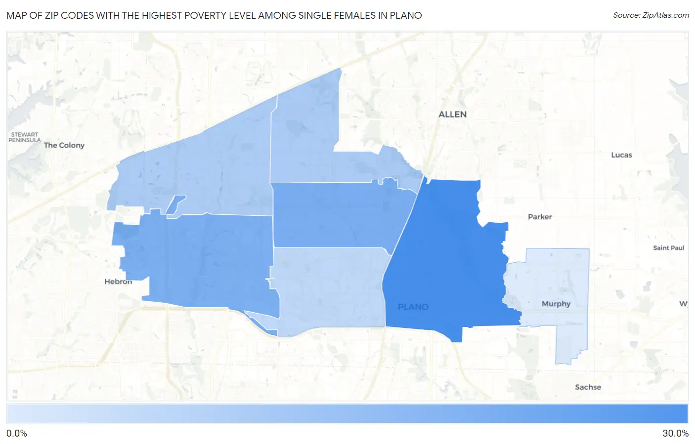 Zip Codes with the Highest Poverty Level Among Single Females in Plano Map